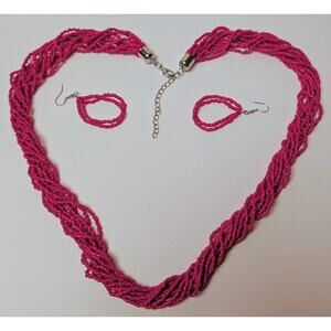 Paparazzi Hot Pink Seed Bead Necklace Earrings Set 2PC SUITE Twist 80s Wannabe